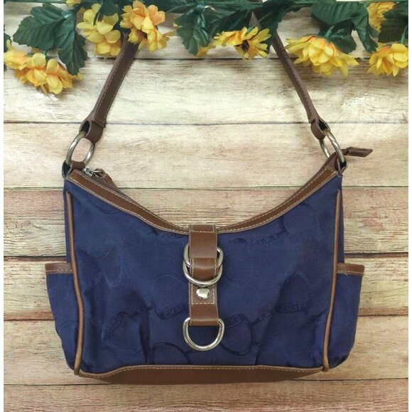 Y2K Chaps Small Shoulder Bag Mini Handbag Purse Brown & Navy Blue Logo Print - Picture 1 of 8